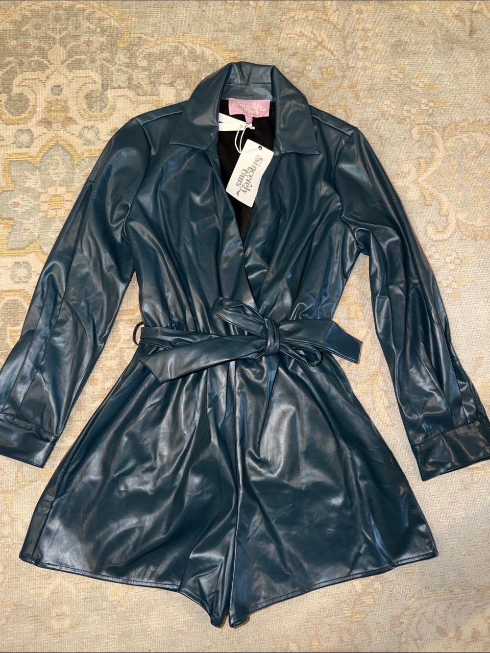 Sincerly Ours Navy Faux Leather Belted Trench Romper